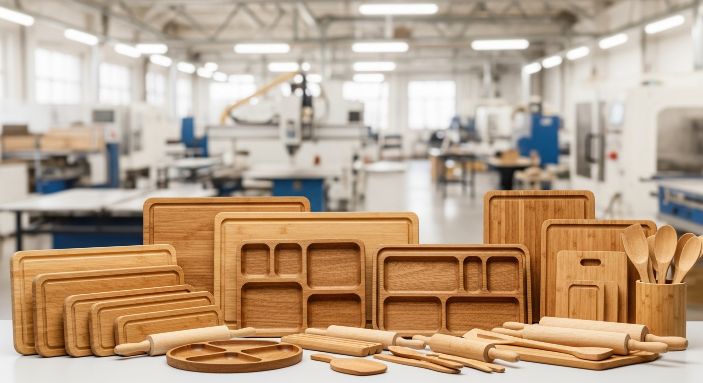 Ассортимент деревянных изделий — разделочные доски, менажницы, скалки. Производство ВУДИНИ.